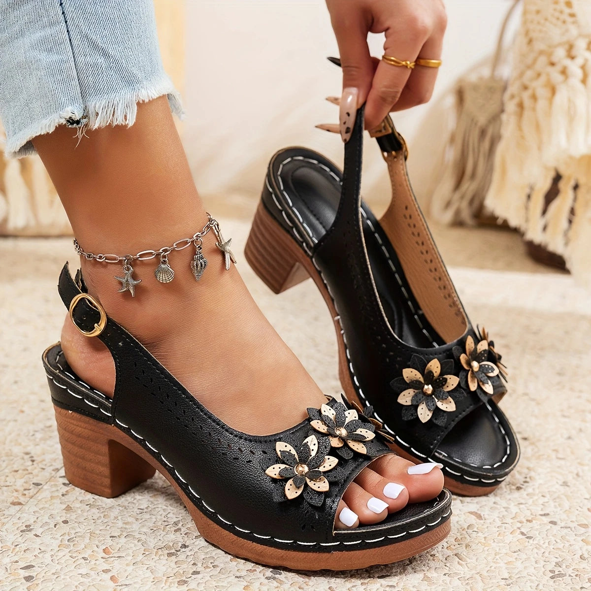 Evander | Women's Floral Block Heel Sandals