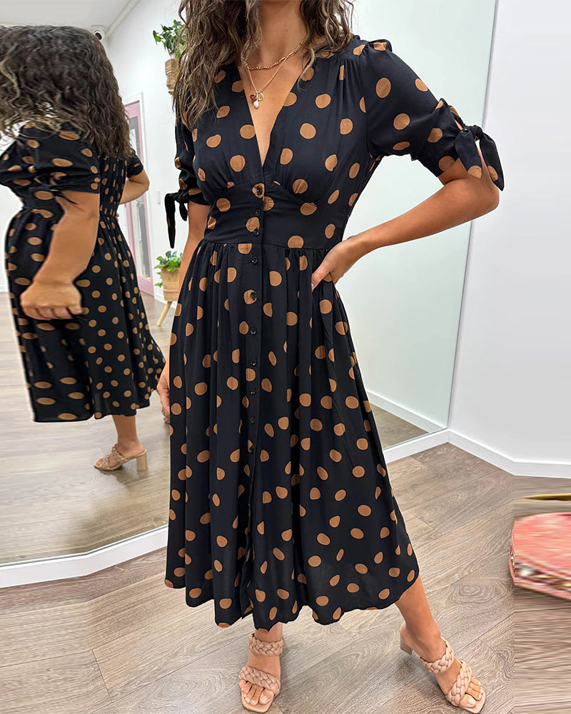 Avalune | Women's Polka Dot Tie Sleeve Button-Down Midi Dress