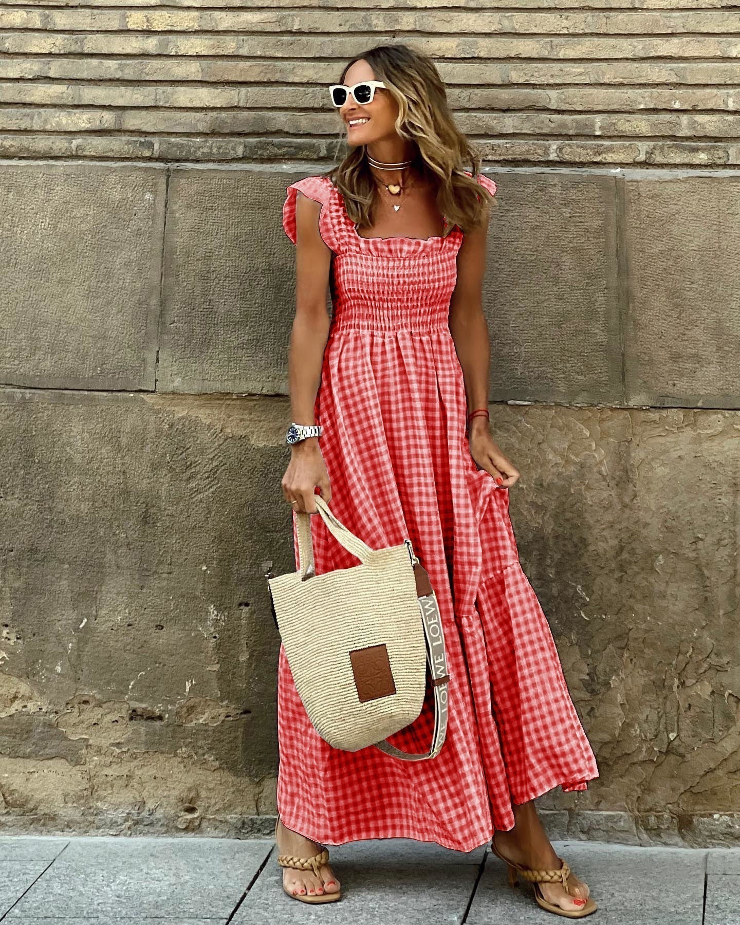 Ilona | Women's Gingham Smocked Ruffle Strap Maxi Sundress