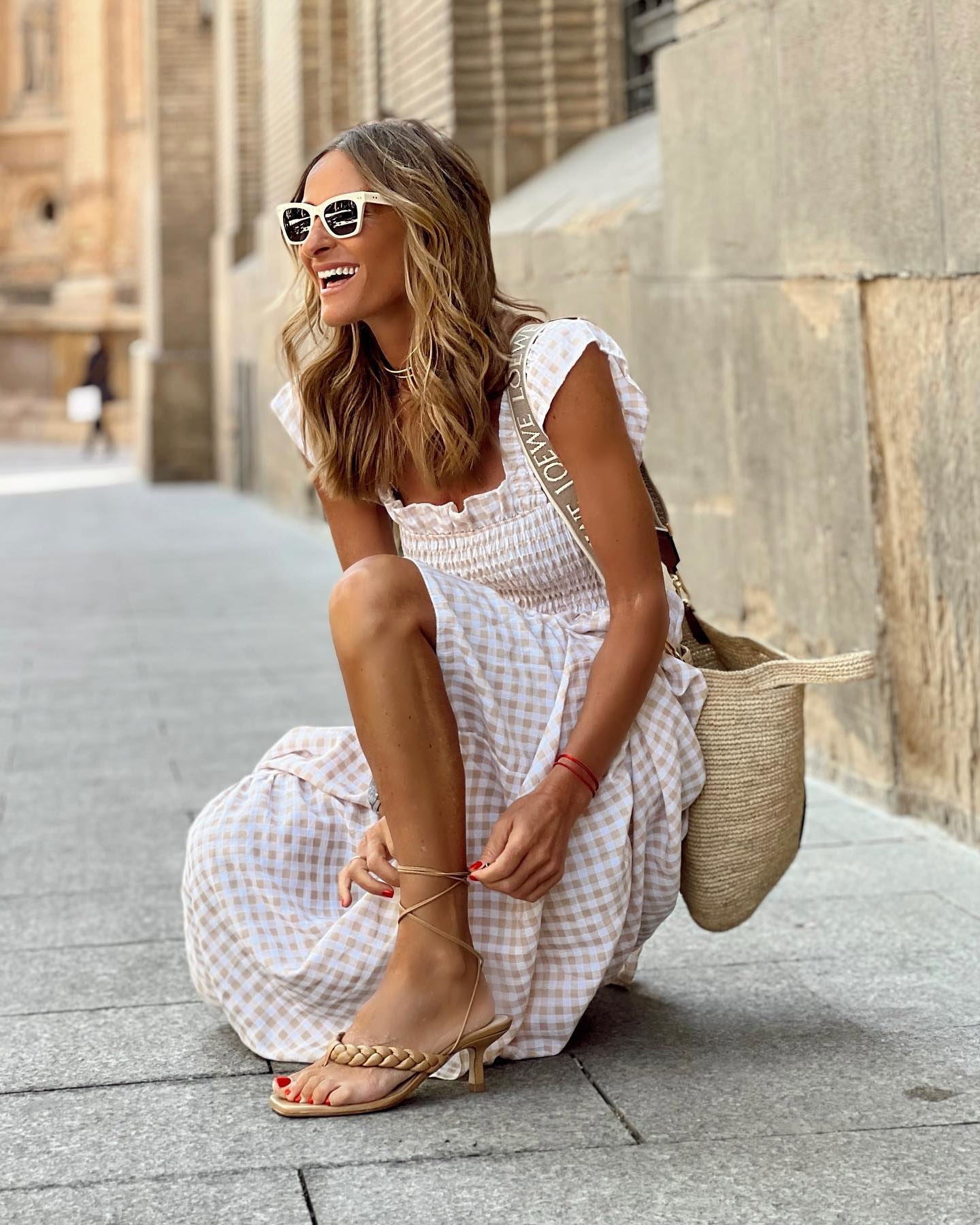 Ilona | Women's Gingham Smocked Ruffle Strap Maxi Sundress