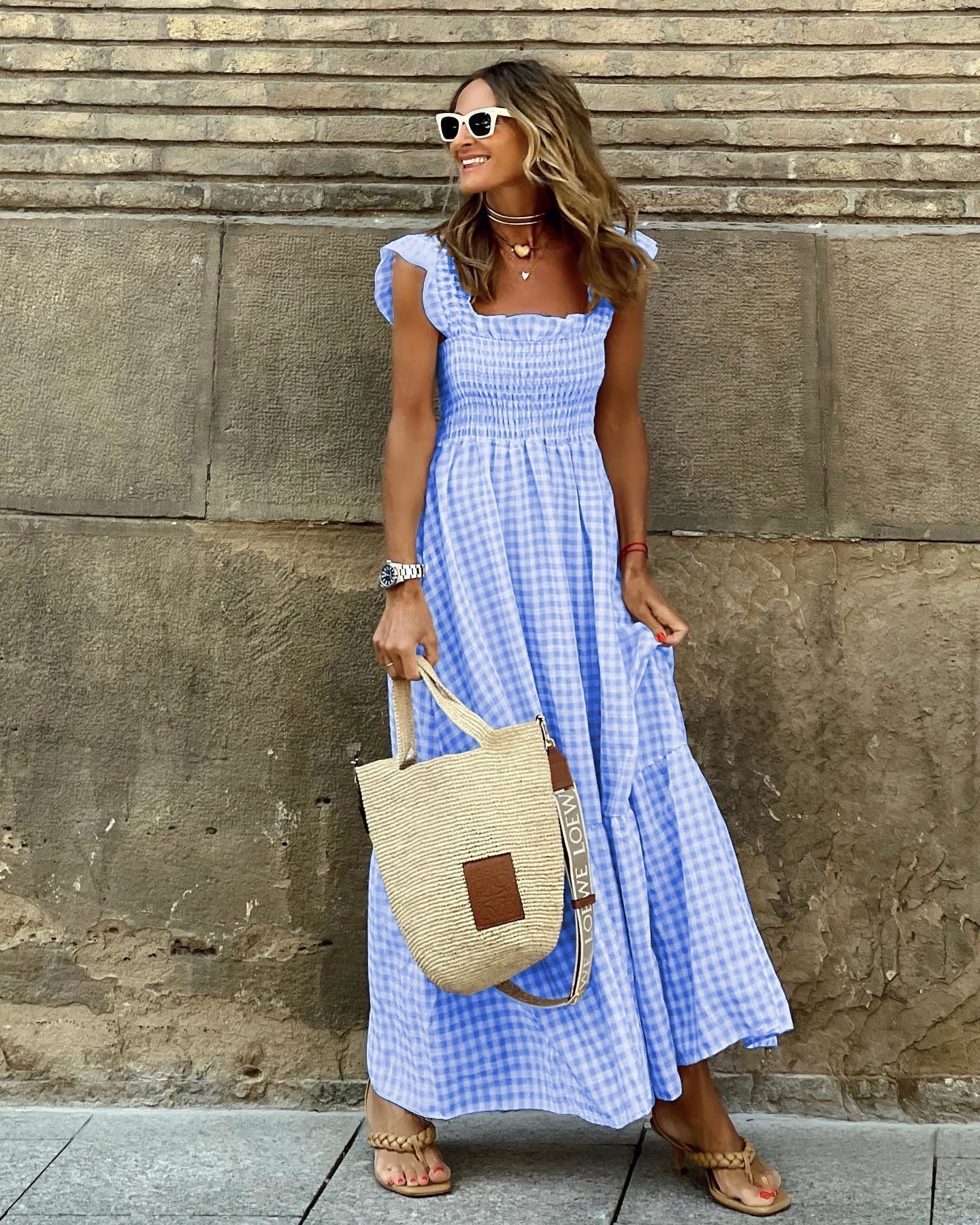 Ilona | Women's Gingham Smocked Ruffle Strap Maxi Sundress