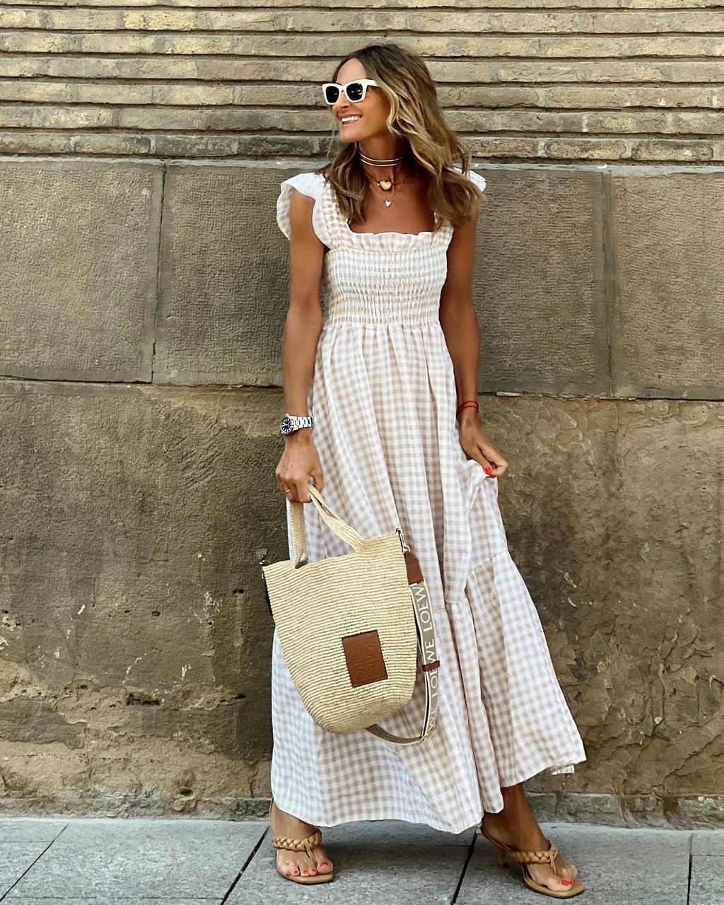Ilona | Women's Gingham Smocked Ruffle Strap Maxi Sundress