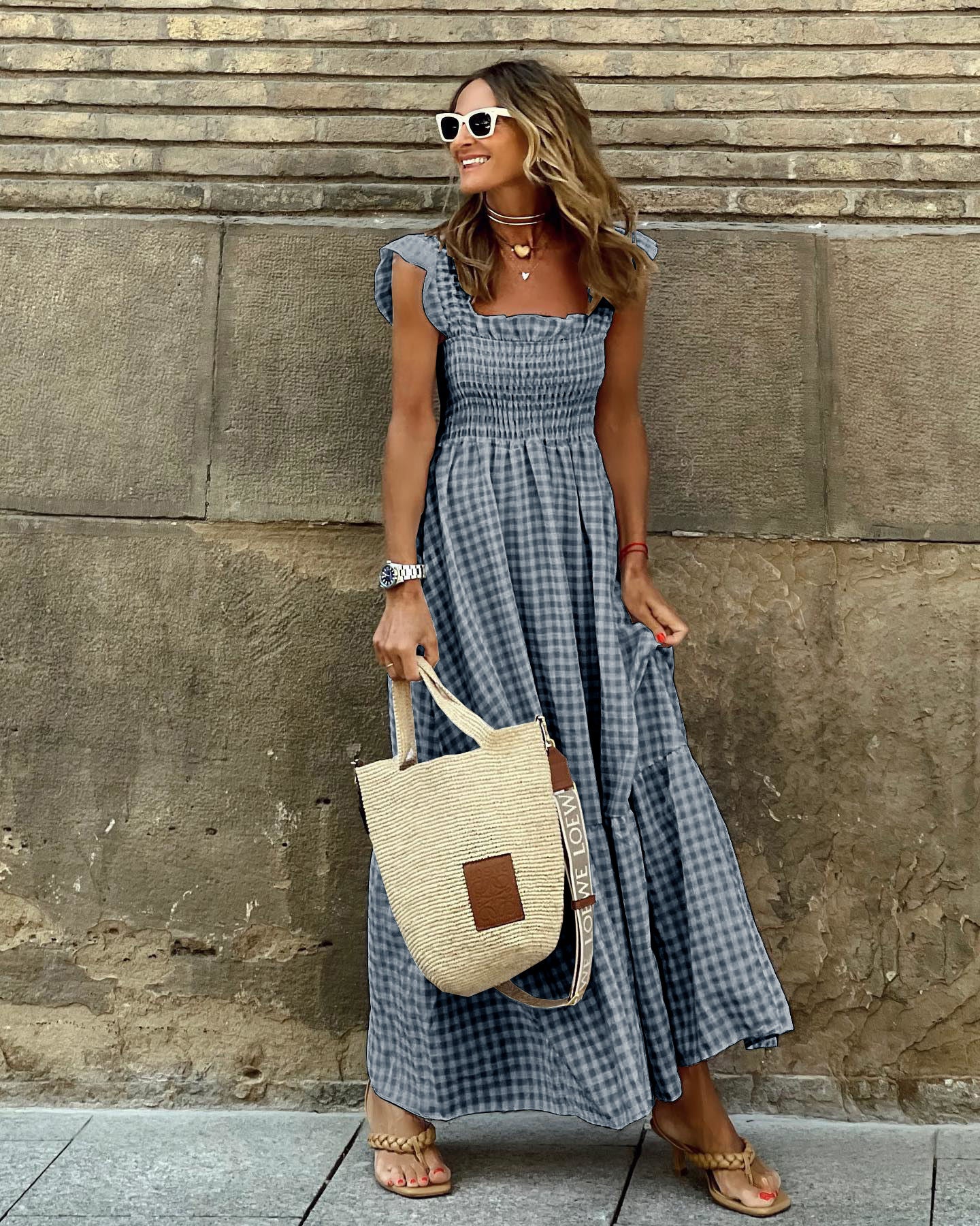Ilona | Women's Gingham Smocked Ruffle Strap Maxi Sundress