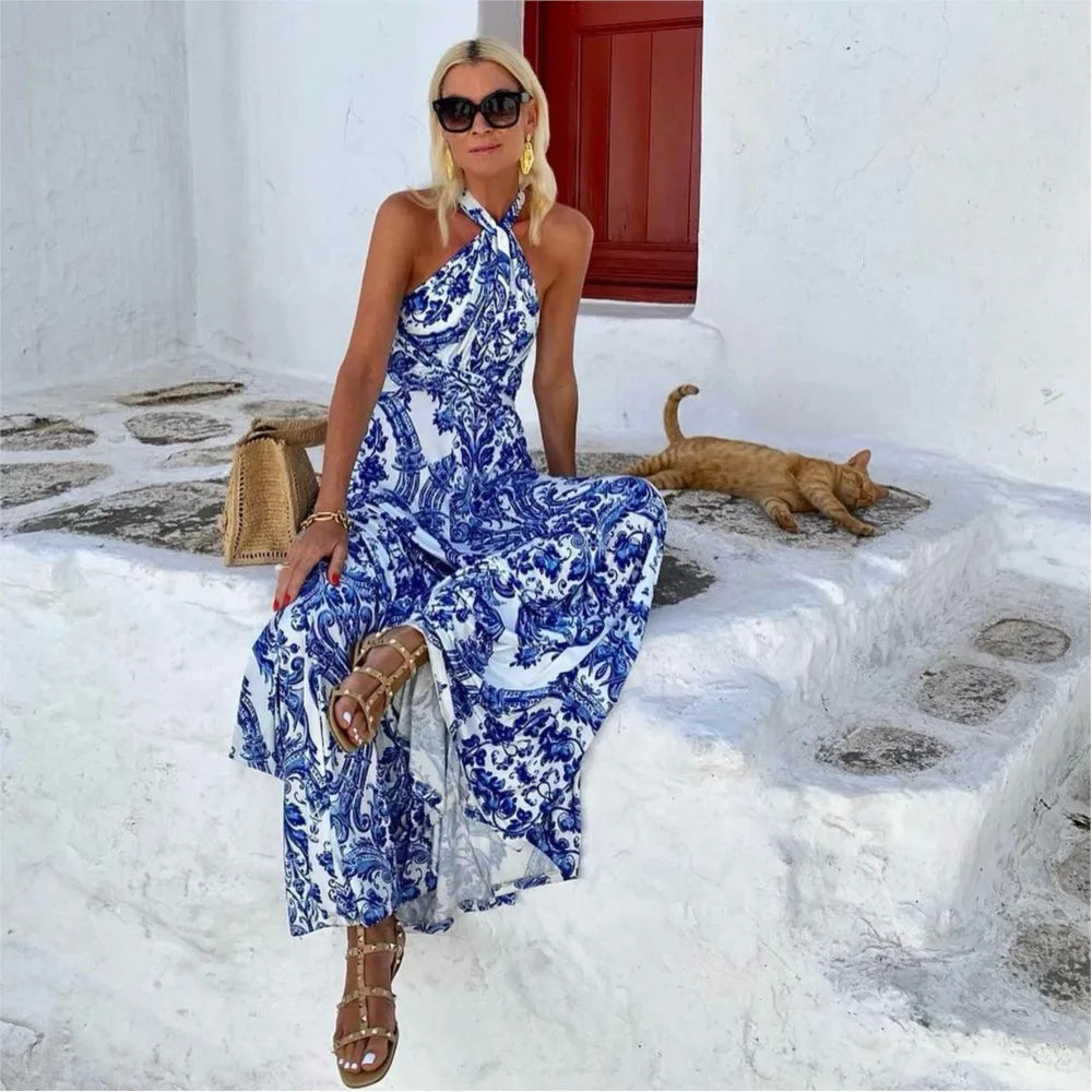 Fiorella | Women's Printed Halter Neck Maxi Dress
