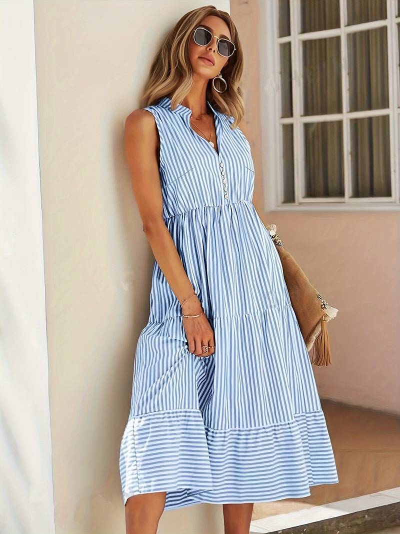 Laila | Women's Striped Sleeveless Button Front Tiered Midi Sundress