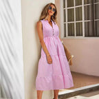 Laila | Women's Striped Sleeveless Button Front Tiered Midi Sundress