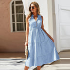 Laila | Women's Striped Sleeveless Button Front Tiered Midi Sundress