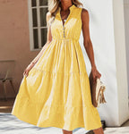 Laila | Women's Striped Sleeveless Button Front Tiered Midi Sundress