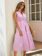 Laila | Women's Striped Sleeveless Button Front Tiered Midi Sundress