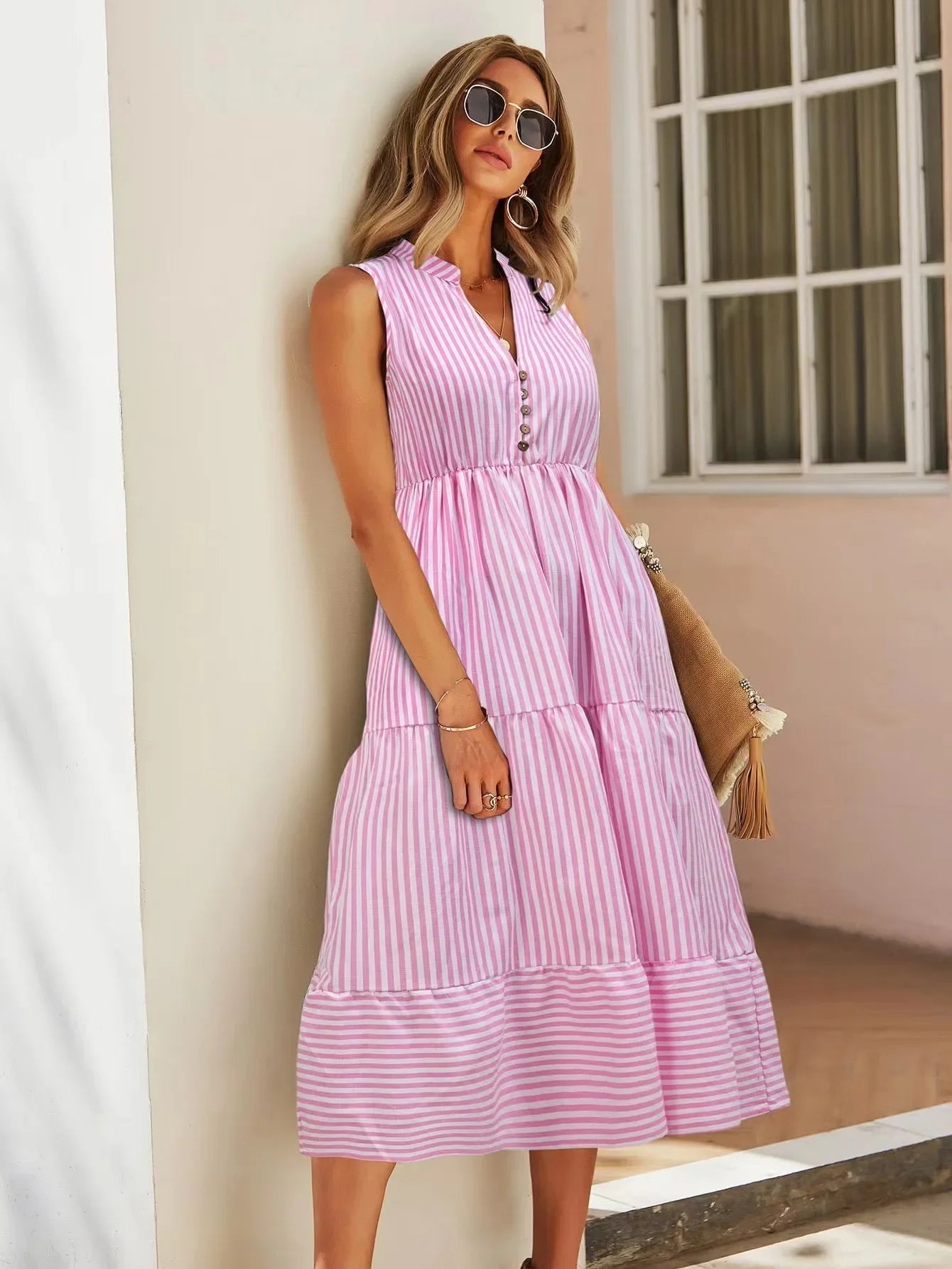 Laila | Women's Striped Sleeveless Button Front Tiered Midi Sundress