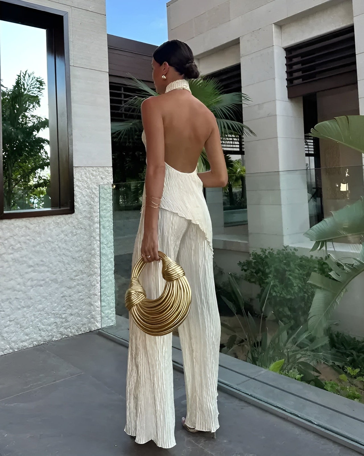 Felicity | Women's Elegant Pleated Halter Neck Backless Wide Leg Jumpsuit