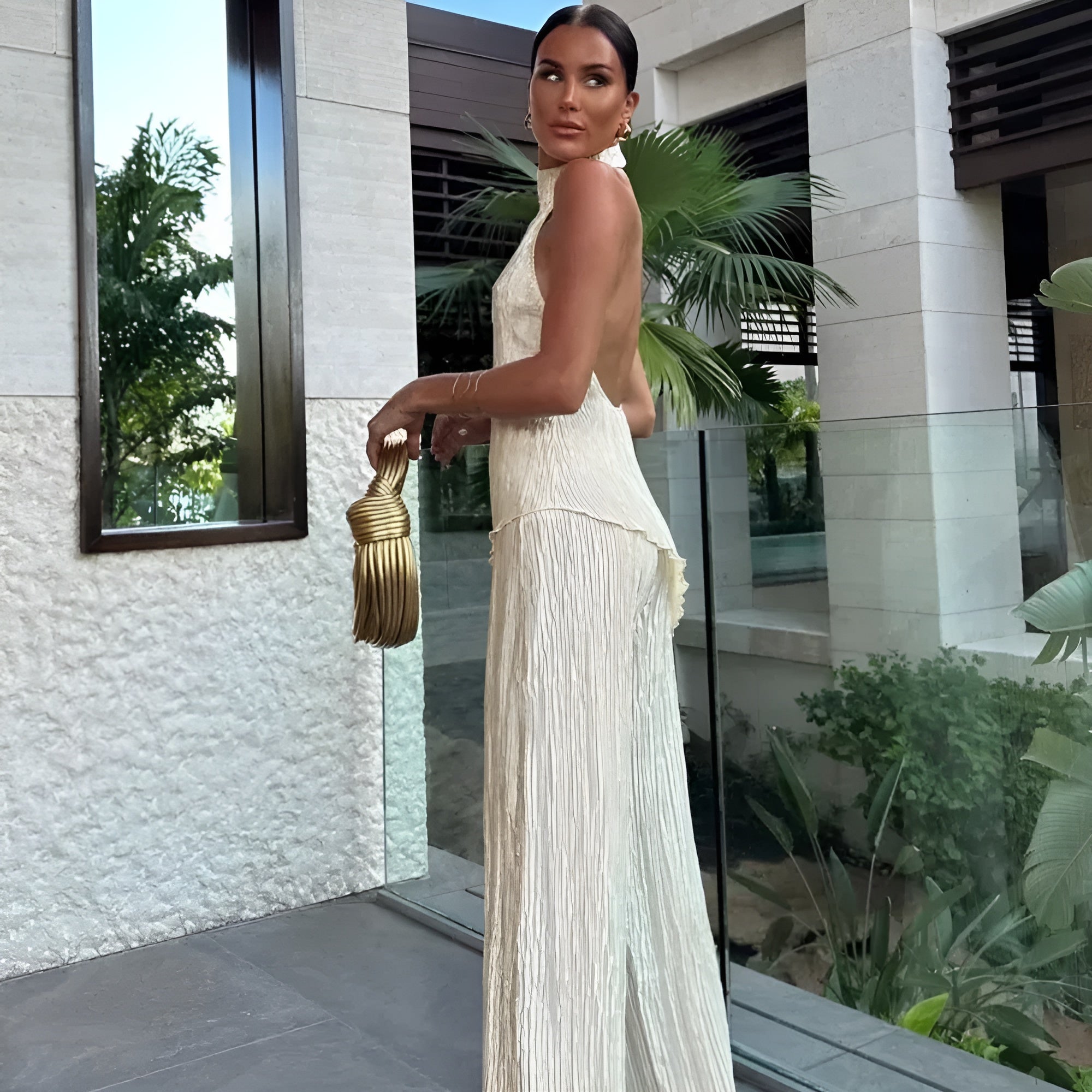 Felicity | Women's Elegant Pleated Halter Neck Backless Wide Leg Jumpsuit