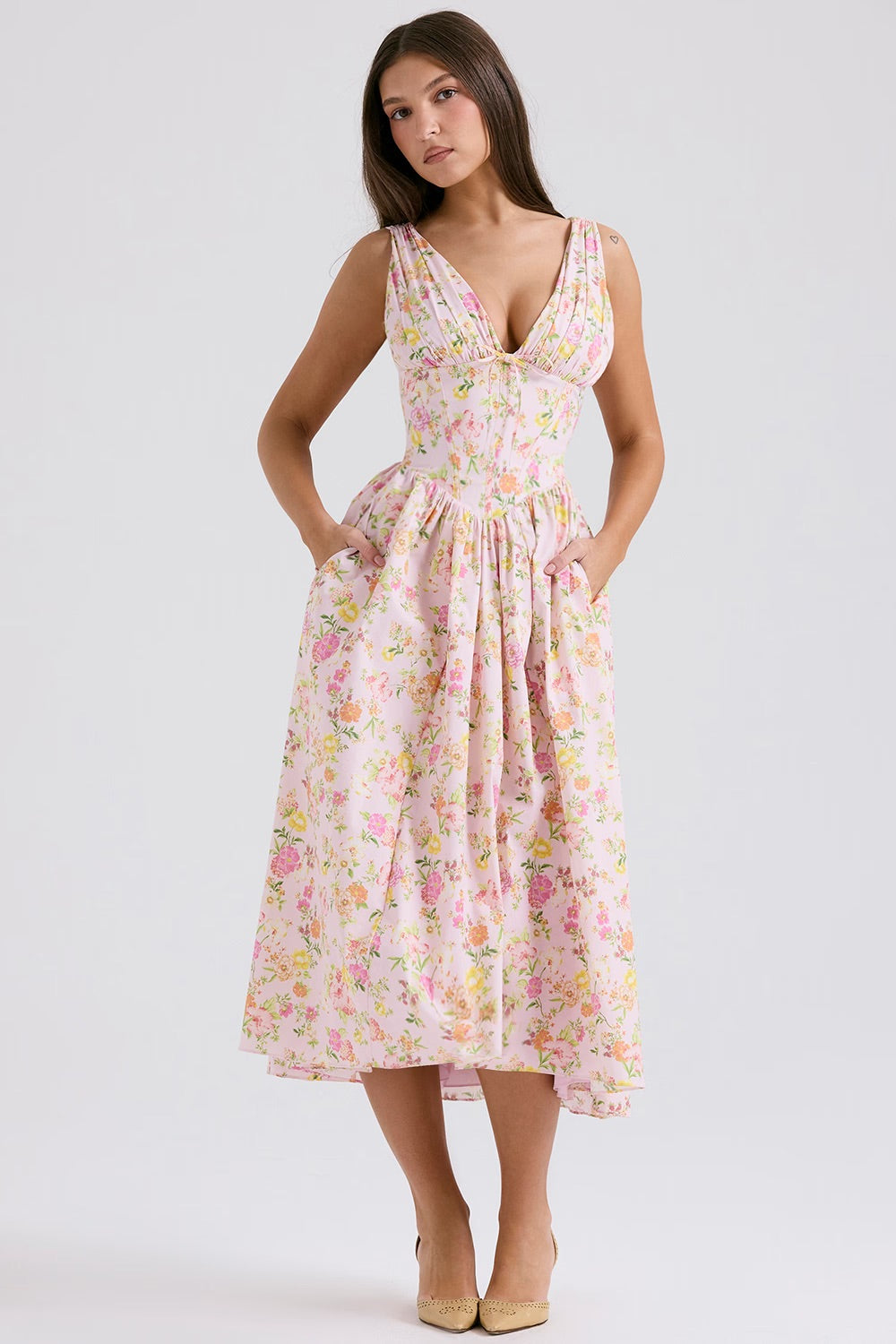 Gunnvor | Women's Floral V-Neck Sleeveless A-Line Midi Sundress