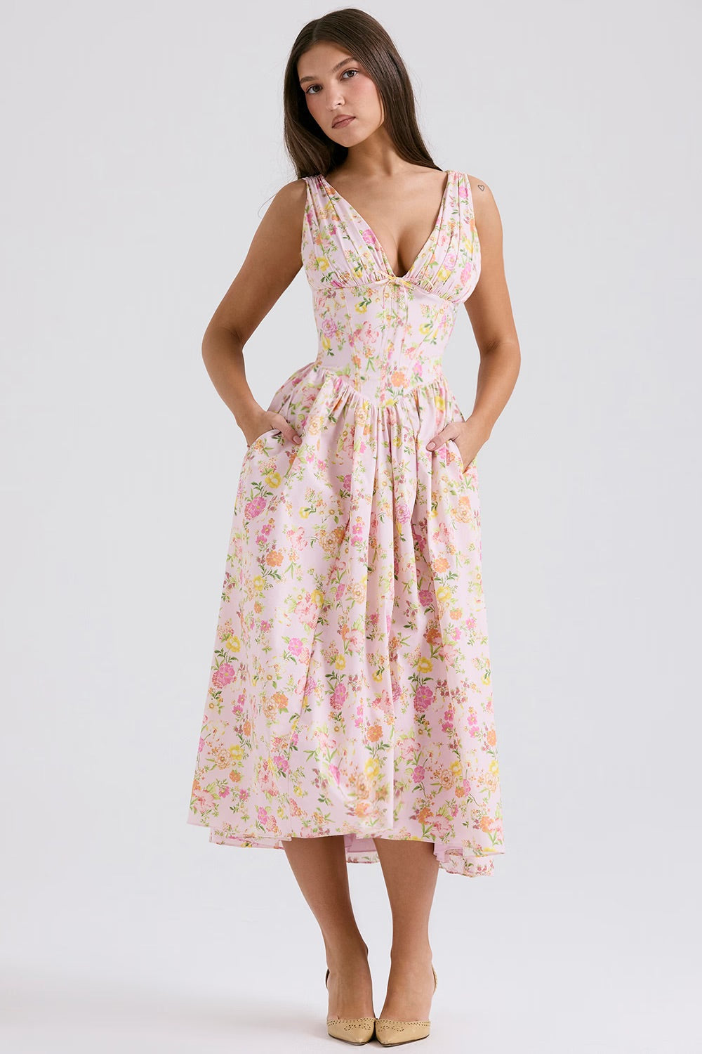 Gunnvor | Women's Floral V-Neck Sleeveless A-Line Midi Sundress