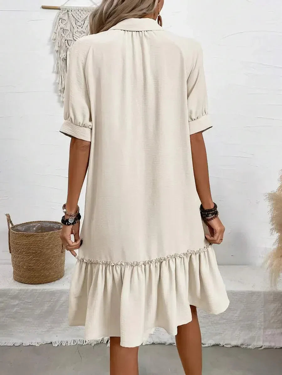 Embla | Women's Casual Collared Button-Front Ruffle Hem Mini Dress