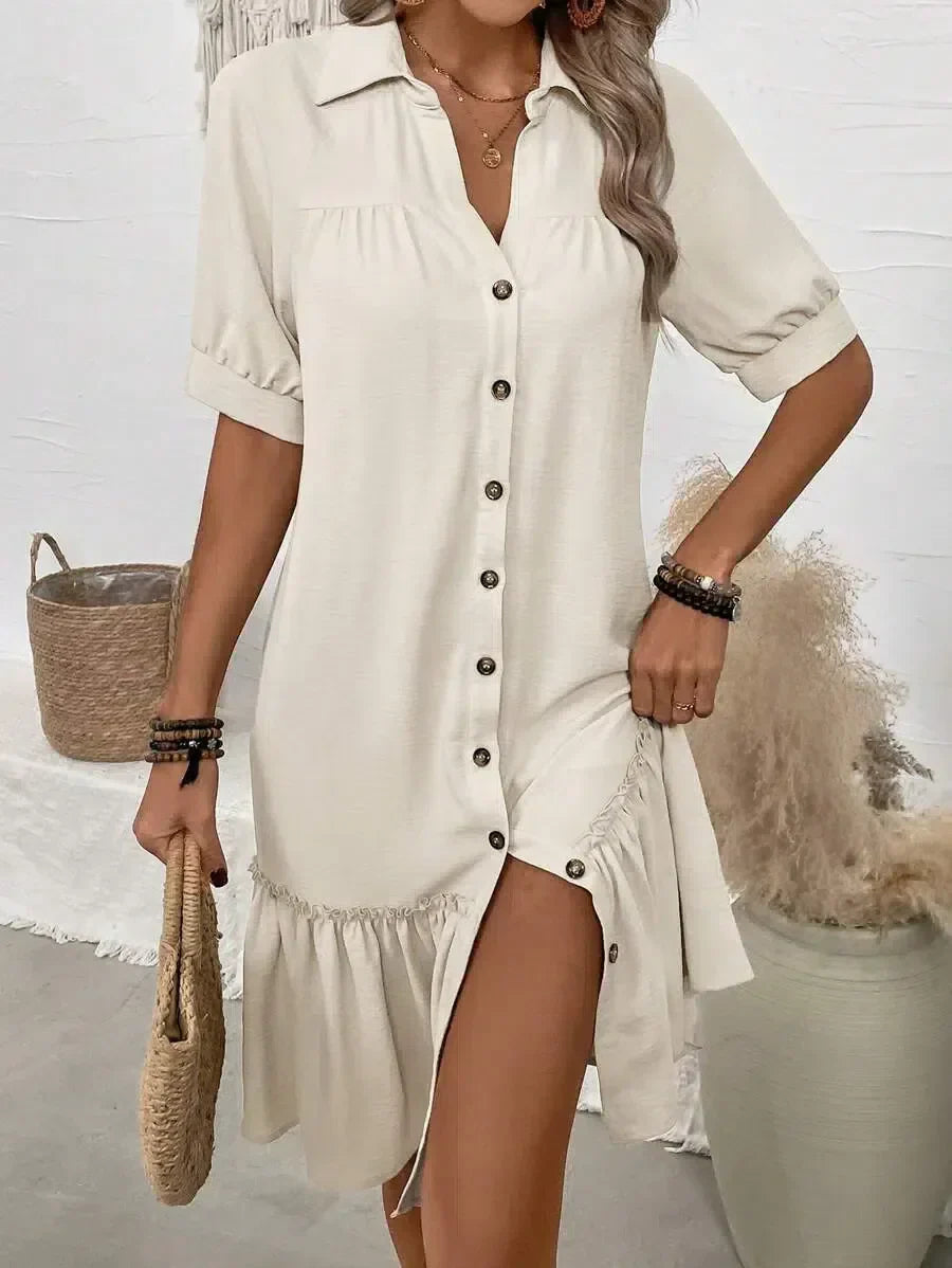 Embla | Women's Casual Collared Button-Front Ruffle Hem Mini Dress