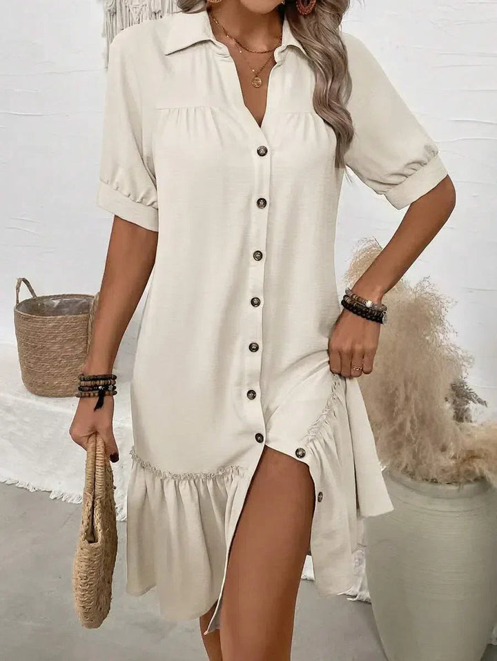 Embla | Women's Casual Collared Button-Front Ruffle Hem Mini Dress