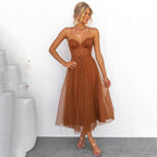 Clementine | Women's Elegant Corset Bodice Tulle Spaghetti Strap Midi Dress