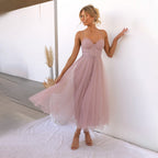 Clementine | Women's Elegant Corset Bodice Tulle Spaghetti Strap Midi Dress