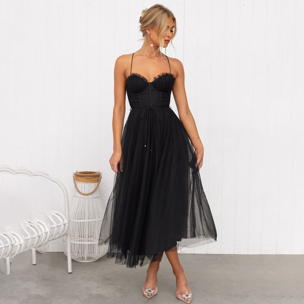 Clementine | Women's Elegant Corset Bodice Tulle Spaghetti Strap Midi Dress