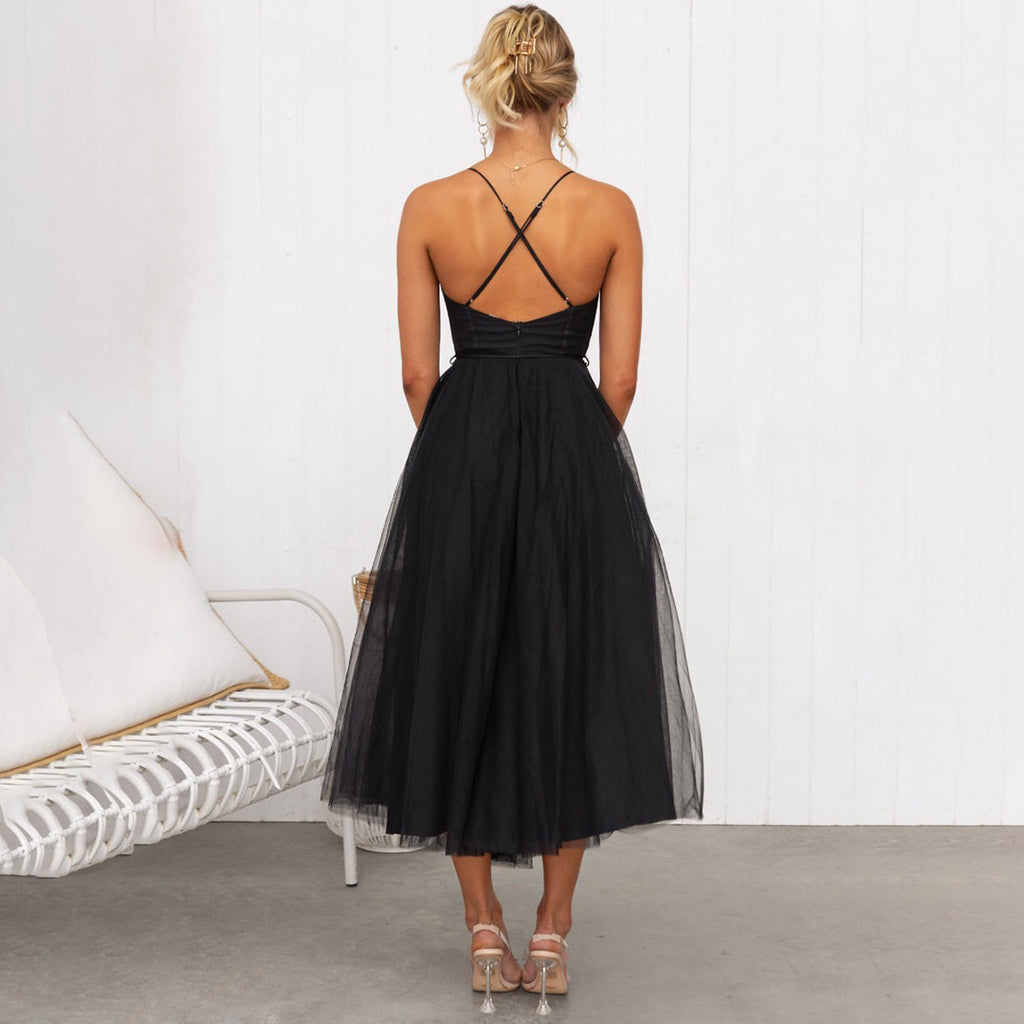 Clementine | Women's Elegant Corset Bodice Tulle Spaghetti Strap Midi Dress