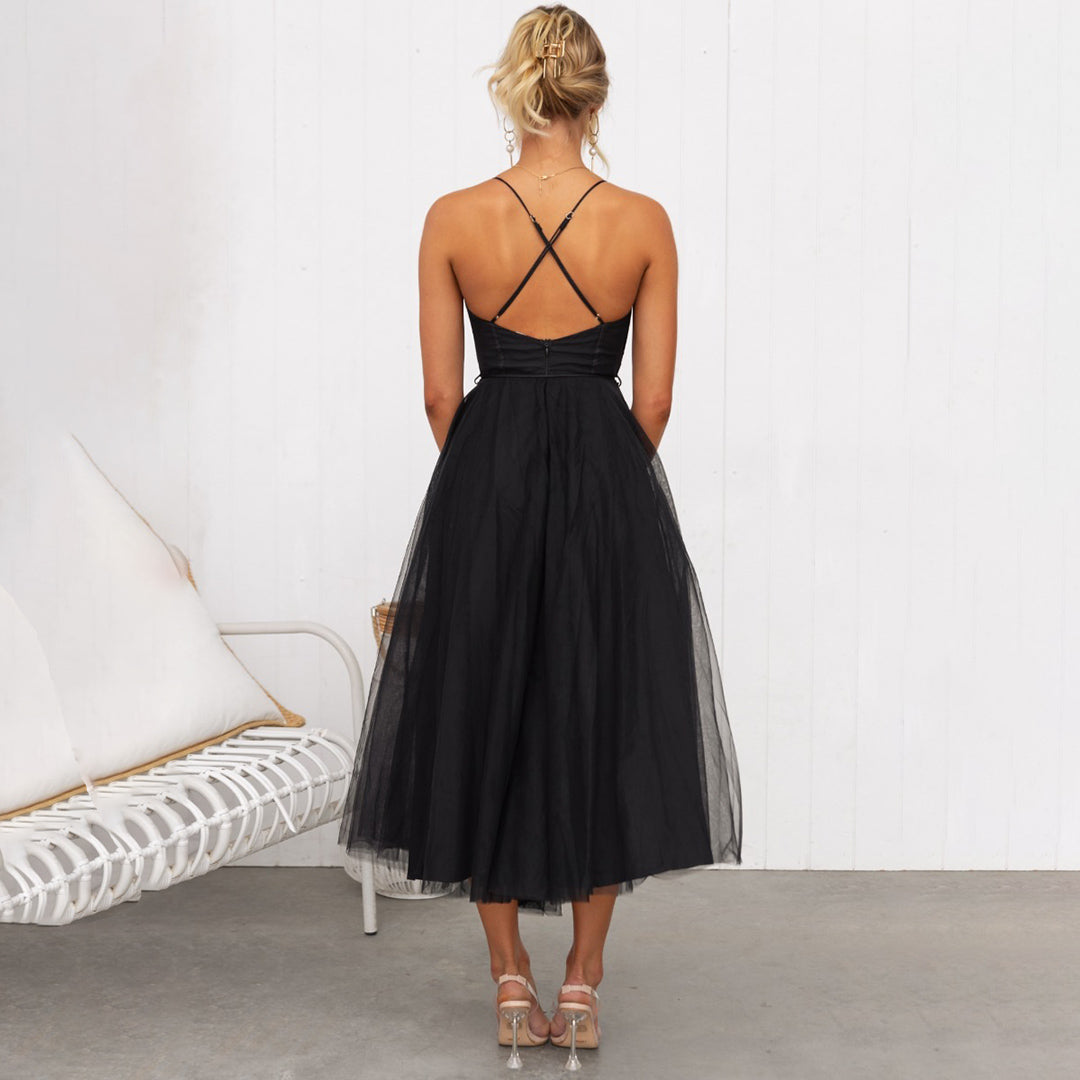 Clementine | Women's Elegant Corset Bodice Tulle Spaghetti Strap Midi Dress