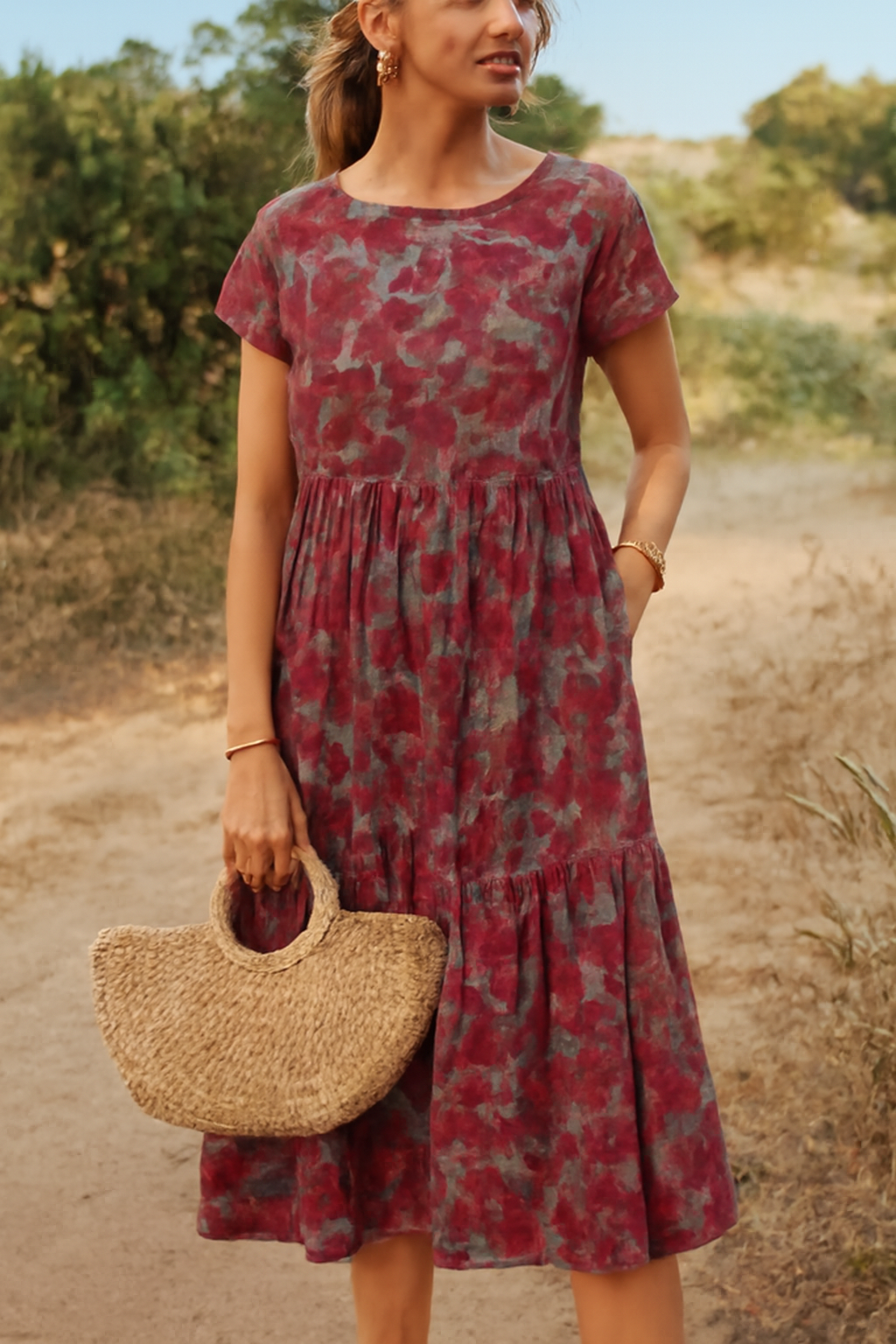 Hedvig | Women's Floral Round Neck Short Sleeve Tiered Midi Dress