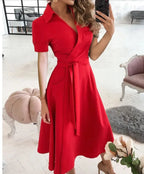Hesper | Women's Chic Tie Waist A-Line Midi Dress