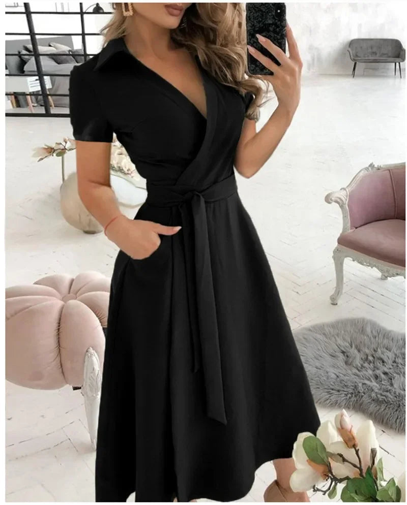 Hesper | Women's Chic Tie Waist A-Line Midi Dress