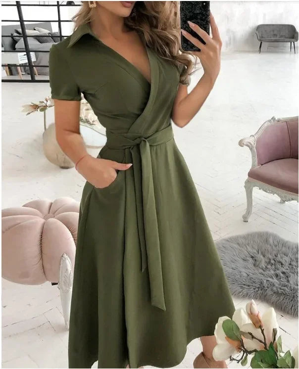Hesper | Women's Chic Tie Waist A-Line Midi Dress