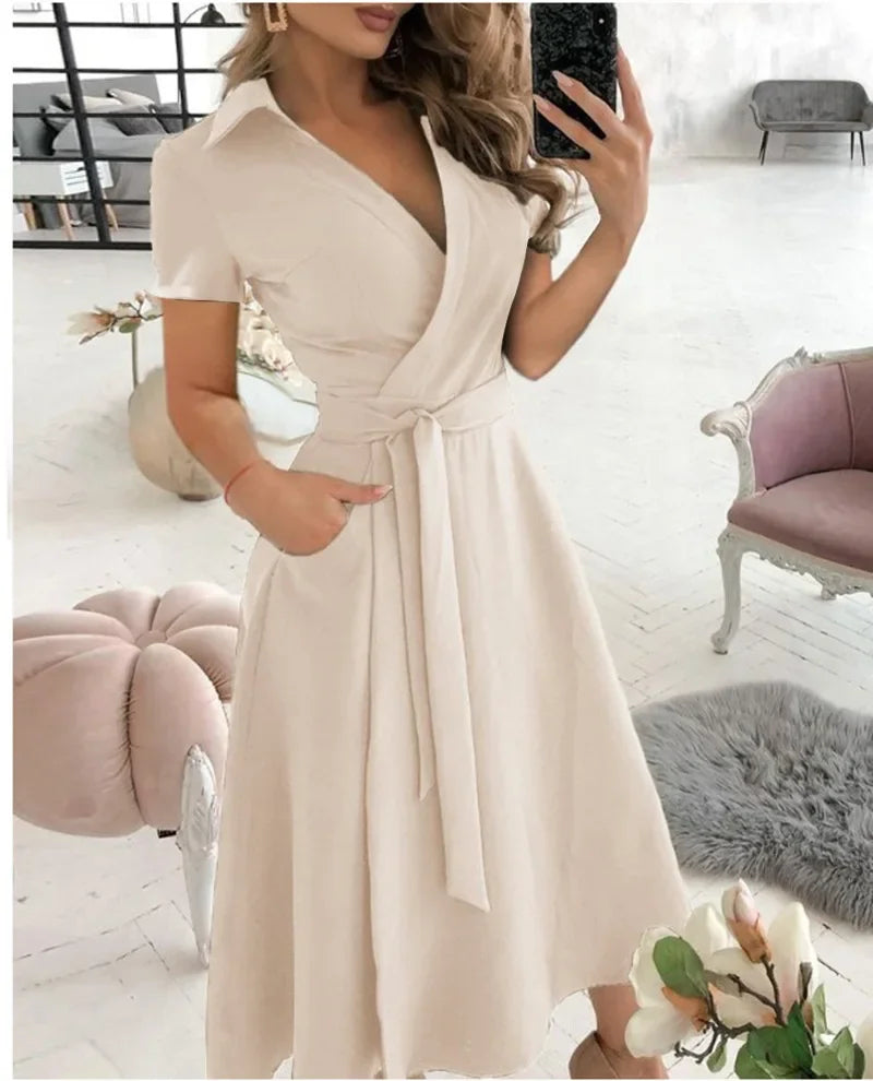 Hesper | Women's Chic Tie Waist A-Line Midi Dress