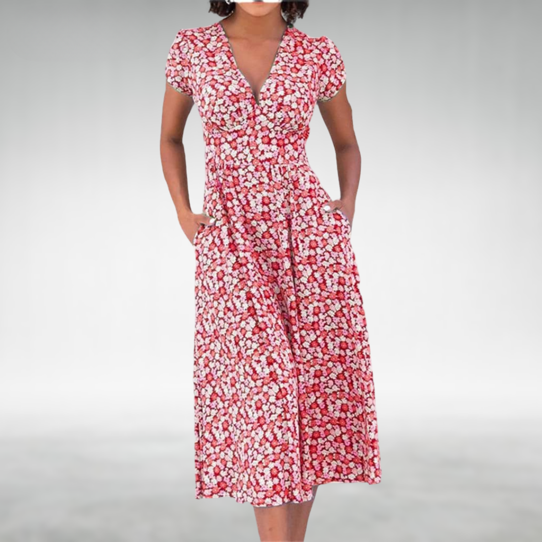 Petronille | Women's Floral Wrap V-Neck Cap Sleeve Midi Sundress