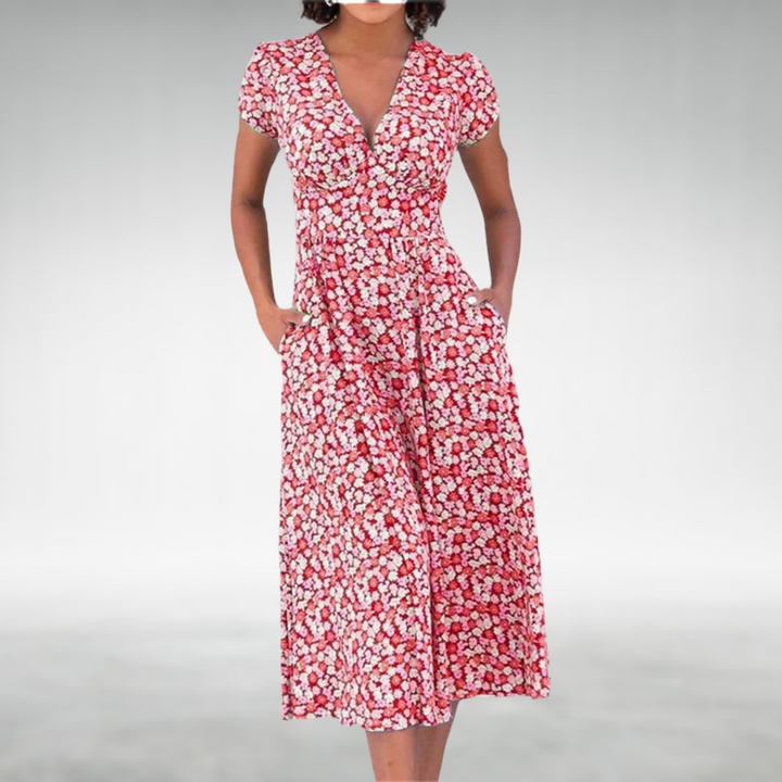 Petronille | Women's Floral Wrap V-Neck Cap Sleeve Midi Sundress