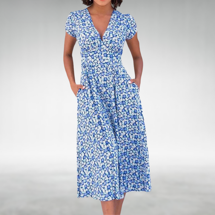Petronille | Women's Floral Wrap V-Neck Cap Sleeve Midi Sundress