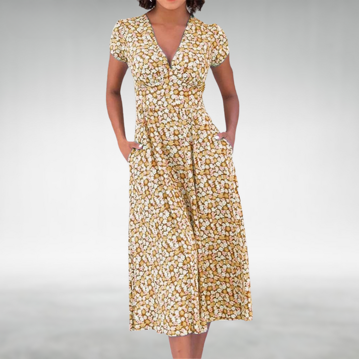 Petronille | Women's Floral Wrap V-Neck Cap Sleeve Midi Sundress