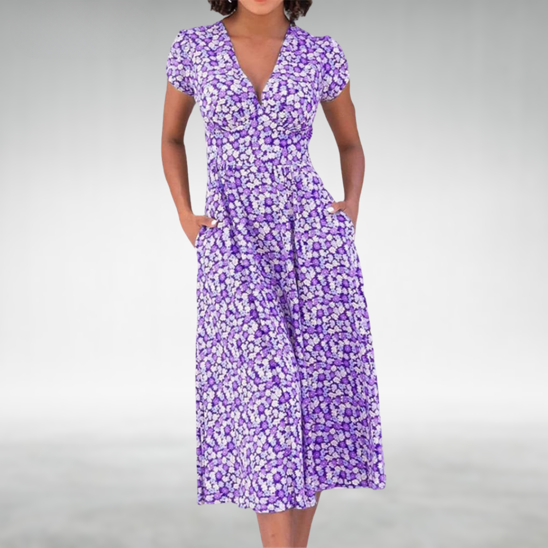 Petronille | Women's Floral Wrap V-Neck Cap Sleeve Midi Sundress