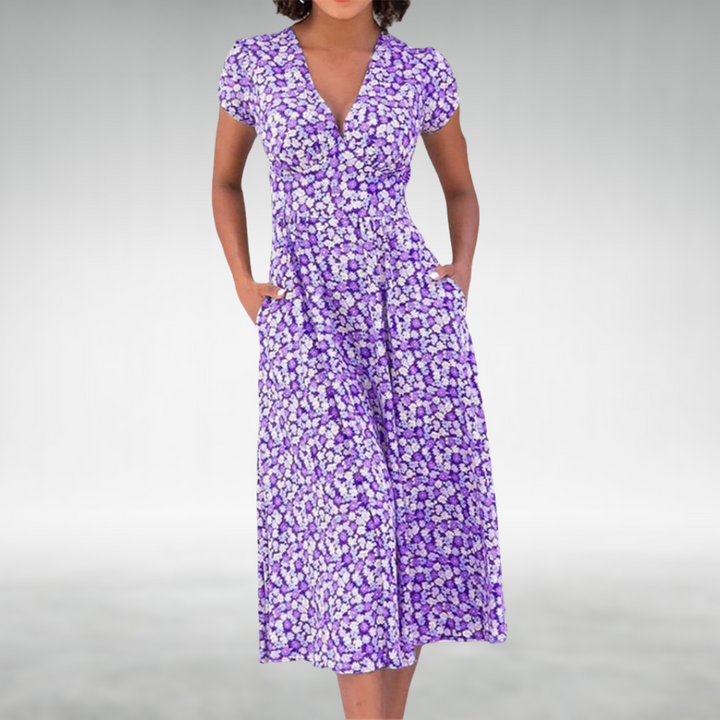 Petronille | Women's Floral Wrap V-Neck Cap Sleeve Midi Sundress