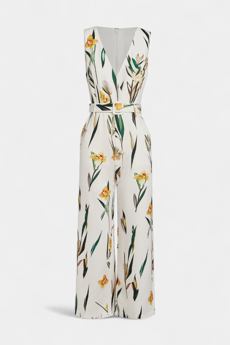 Slara Vacation Jumpsuit with Deep V-Neckline and Adjustable Belt