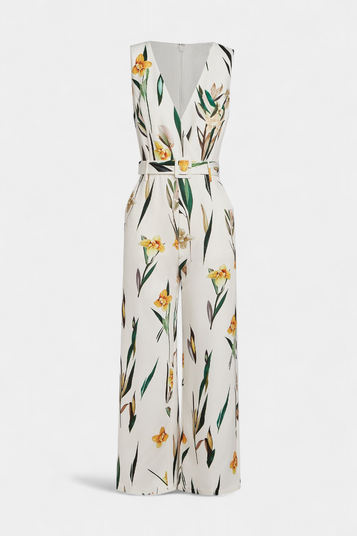 Slara Vacation Jumpsuit with Deep V-Neckline and Adjustable Belt