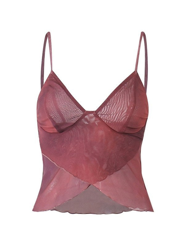 Althea | Women's Crisscross V-Neck Mesh Ruffle Hem Cami Top