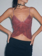 Althea | Women's Crisscross V-Neck Mesh Ruffle Hem Cami Top