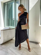Siobhan | Women's Elegant One Shoulder Pleated Midi Prom Dress