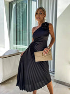 Siobhan | Women's Elegant One Shoulder Pleated Midi Prom Dress