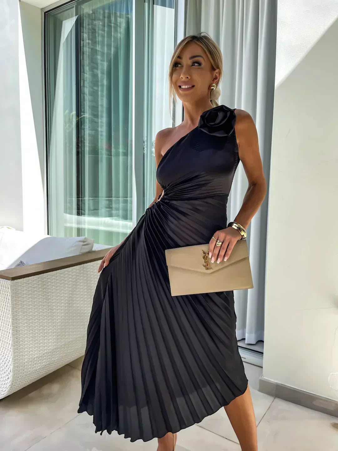 Siobhan | Women's Elegant One Shoulder Pleated Midi Prom Dress