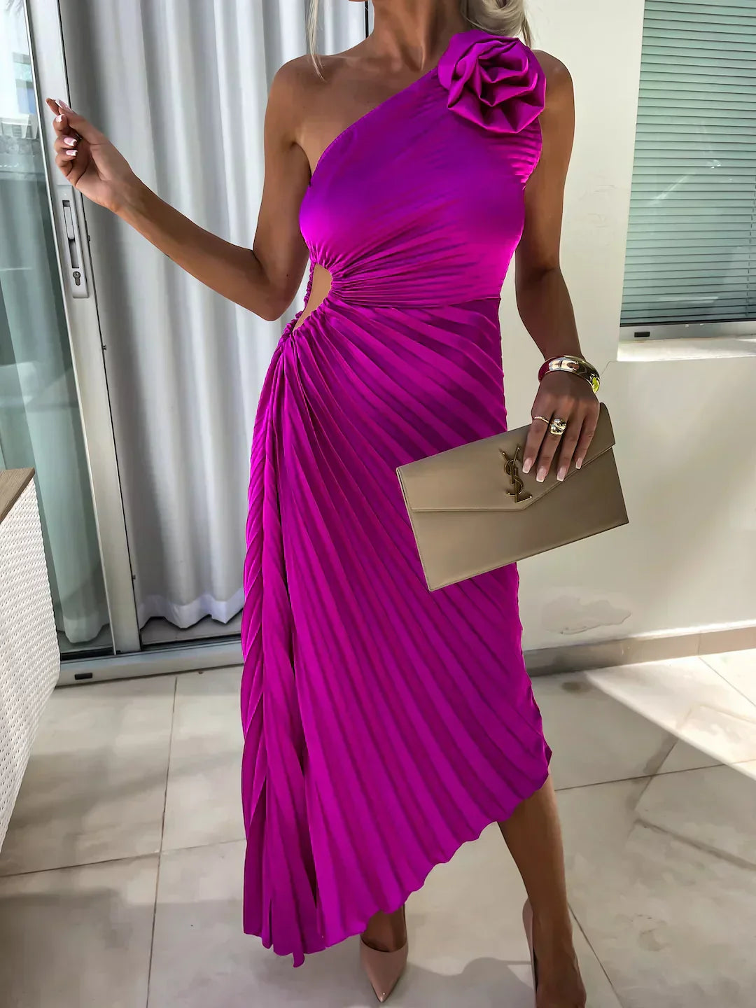 Siobhan | Women's Elegant One Shoulder Pleated Midi Prom Dress
