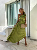 Siobhan | Women's Elegant One Shoulder Pleated Midi Prom Dress
