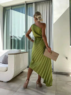 Siobhan | Women's Elegant One Shoulder Pleated Midi Prom Dress