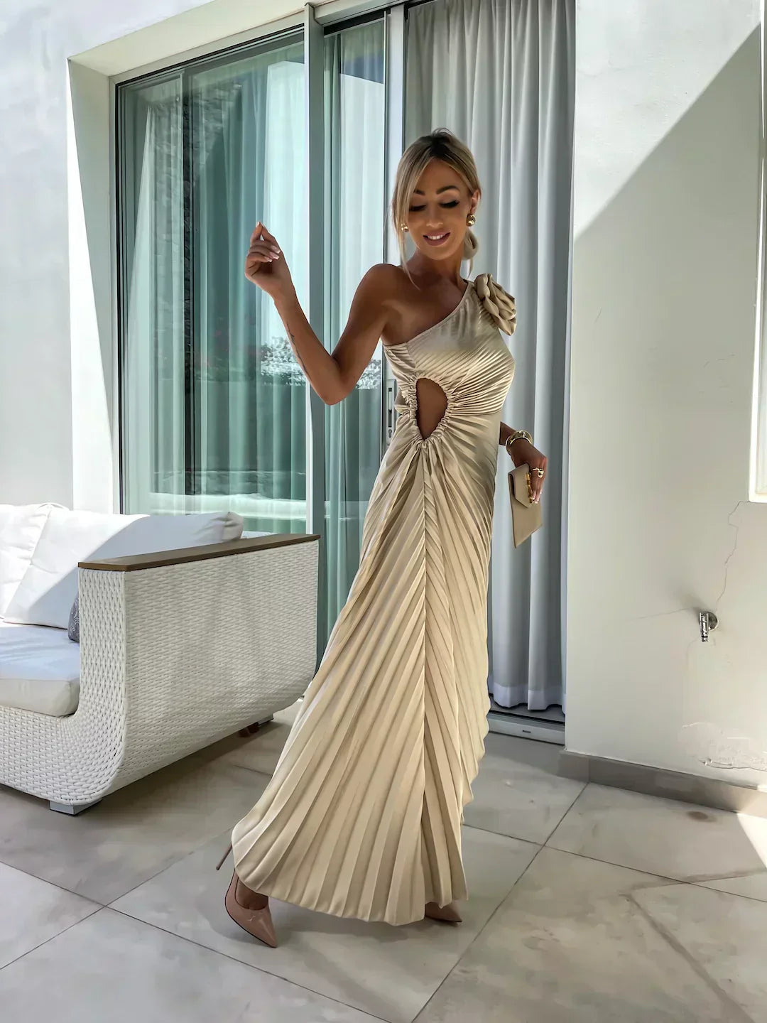 Siobhan | Women's Elegant One Shoulder Pleated Midi Prom Dress