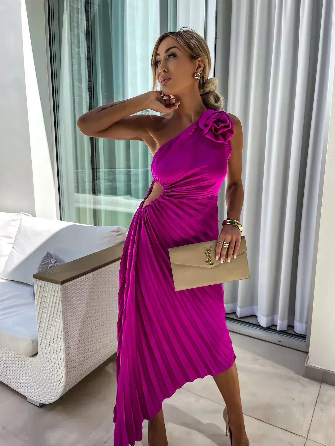 Siobhan | Women's Elegant One Shoulder Pleated Midi Prom Dress