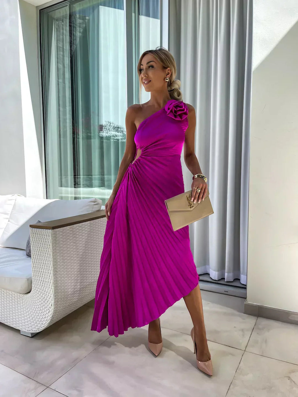 Siobhan | Women's Elegant One Shoulder Pleated Midi Prom Dress